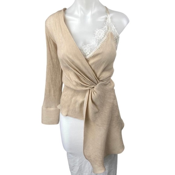 New Zara Beige Tan Asymmetrical Cami V Neck Lace One Shoulder Blouse Top - Picture 13 of 16
